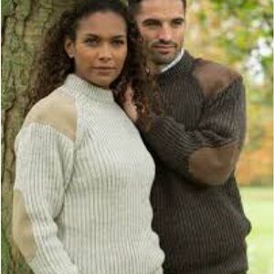 Niffi Chatsworth Light Gray Welsh English Wool Sweater with Suede Patches Size L